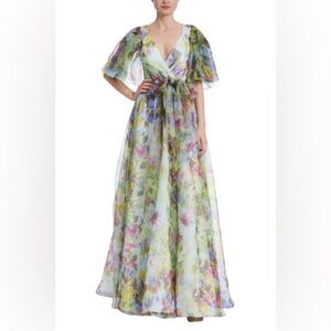 Badgley Mischka Printed Organza Gown Floral Green Multi Size 8 NWT Formal Dress
